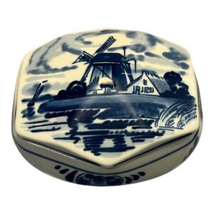 Vintage Handpainted Delft Blue Windmill Trinket Box Hexagon Lid Ceramic Jar